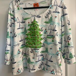 Hearts of Palm Festive Green and White Top with Sail Boats XL